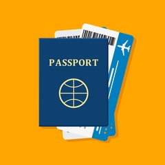 Passport with tickets on orange background. Passport and tickets travel, tourism business vacation, trip pass tourist flight symbol. Holiday passport and tickets in flat style, vocation concept vector