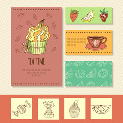 invitation card for mad tea party or cute funny business card for tea room, vector illustration