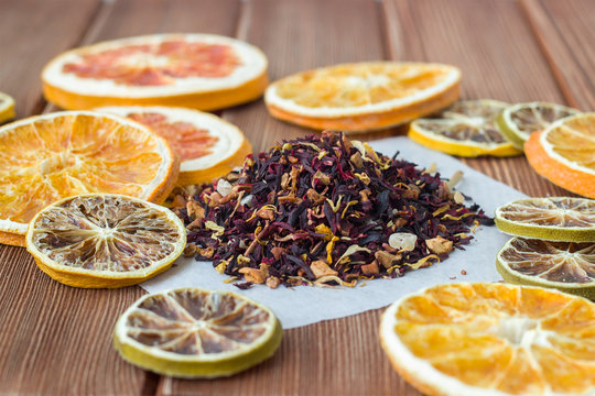 dried citrus on wooden background