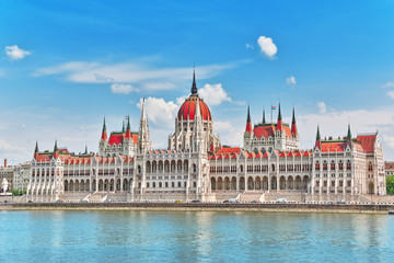 Fototapeta premium Hungarian Parliament at daytime. Budapest. View from Danube rive