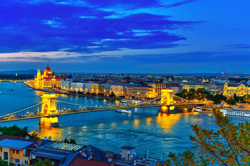 Szechenyi Chain Bridge and Parliament at dusk from Fisherman Bas