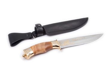 Golden handle knife and sheath isolated