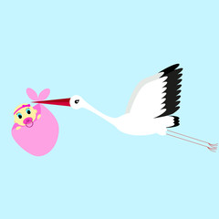 cartoon vector illustration of a stork delivering a newborn baby girl on a blue background