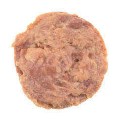 Canned smoked ground ham isolated on a white background top view.