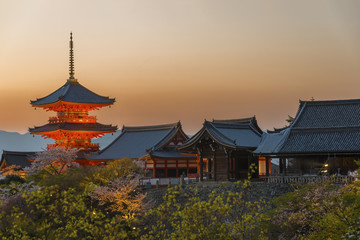 tall pagoda tower in Kiyomizu Temple in Kyoto Japan.