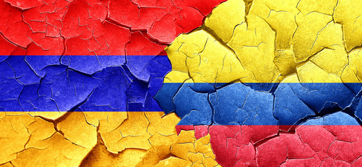 Armenia flag with Colombia flag on a grunge cracked wall