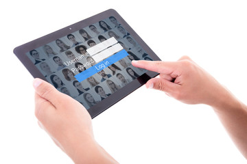 social network login concept - tablet pc in male hands isolated