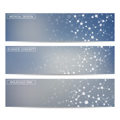 Set of modern science banners. Molecule structure DNA and neurons