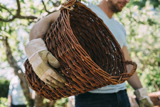 Midsection of man carrying wicker basket at yard