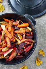 baked fruit and vegetables with almonds