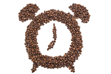 Alarm clock of coffee grains isolated on white background. Coffee beans in clock symbol pointed at seven o'clock