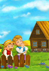 Beautifully colored scene with cartoon character - cat traveler is standing and greeting to two men in the background - illustration for children