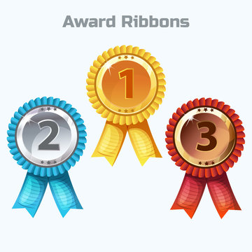 Colorful Award Ribbons, medals - gold, silver and bronze