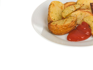 Baked Potato Wedges with Tomato Sauce Against a Plain White Back