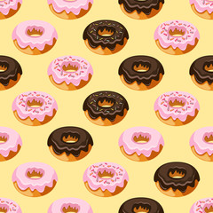 Vector seamless pattern. Modern stylish hand drawn repeating texture with structure of ring donuts glazed with icing sugar and chocolate on yellow background. - 113322180
