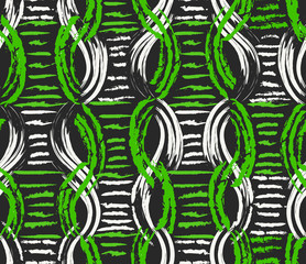 Vector seamless pattern. Hand drawn traditional African ornament. Abstract background with green and white brush strokes on black background. - 113322189