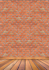 old interior room with red brick wall and grunge wood floor text