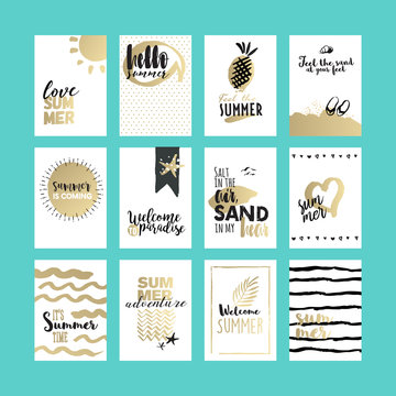 Hand drawn summer cards and banners collection. Vector illustrations for graphic and web design, for summer vacation, beach party, greeting cards, enjoying the sun and sea