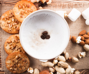 Coffee with marshmallows on the boards.