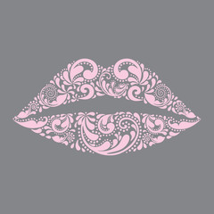 Pink lips vector. Fashion and beauty. Print for T-shirt. Isolated object. Symbol, icon. Painted floral pattern.