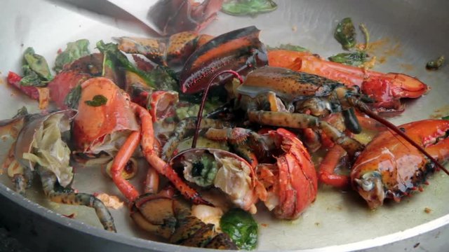 preparation of Lobster with tomatoes in a pan for Italian pasta