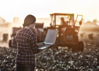 Woman with laptop in the field