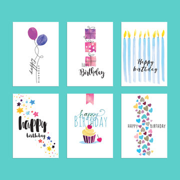 Set of birthday greeting card templates. Hand drawn watercolor vector illustrations for website banners, greeting cards, invitations.