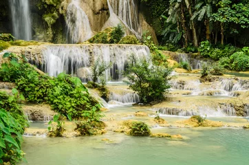 Fotobehang turquoise pool at kuang si waterfall © bookzaa