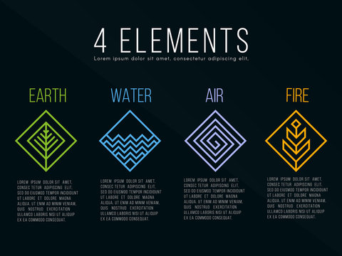 Nature 4 elements diamond square logo sign. Water, Fire, Earth, Air. on dark background.