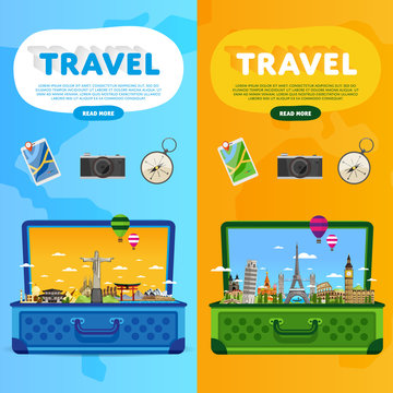 Open suitcase with landmarks. Travel the world. Monument concept. Tourism and vacation theme. Travelling vector illustration. Modern flat design. Famous world landmarks icons. Journey around the world