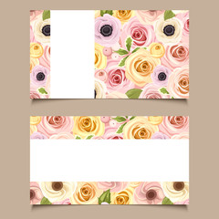 Vector business cards with pink, orange and yellow rose, lisianthus and anemone flowers pattern.