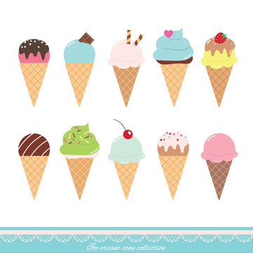 Cartoon ice cream cone set. Flat icons.