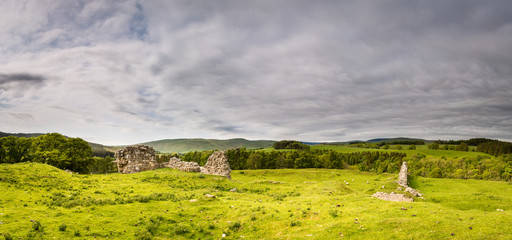 Panorama from Harbottle Castle with views over the Cheviot Hills