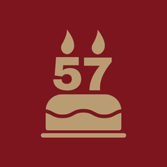 The birthday cake with candles in the form of number 57 icon. Birthday symbol. Flat