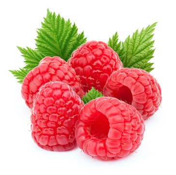 Five raspberries with leaf isolated on white background with clipping path