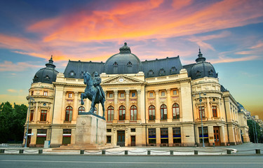Bucharest / Bucuresti at Sunset. Calea Victoriei, National Library - obrazy, fototapety, plakaty