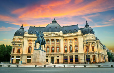 Bucharest / Bucuresti at Sunset. Calea Victoriei, National Library