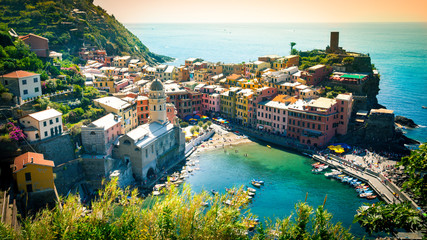 Panorama of Vernazza Cinque Terre with village on Mediterranean coast