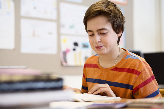 High School Boy Studying At Desk In Classroom