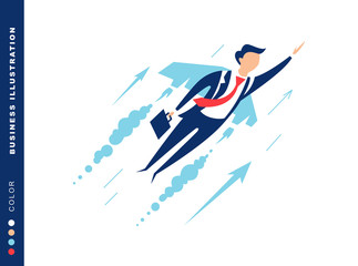 Businessman flying on wings of the sky to success