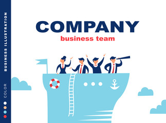 Team of people sailing on ship at sea.