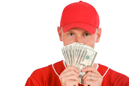 Baseball: Player Holding Up Fanned Out Money