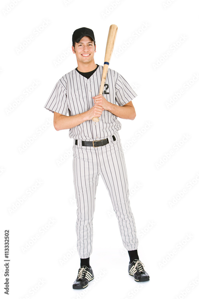 Wall mural Baseball: Smiling Player Holds Baseball Bat