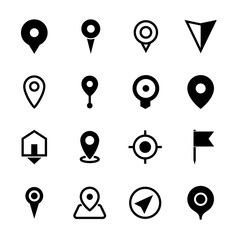 Map location icons, set of 16 pointers symbols, ideal for website design, vector illustration graphic