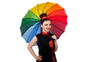 Woman with colourful umbrella isolated on white