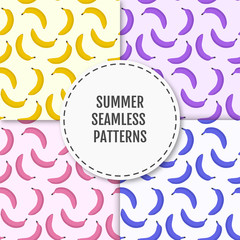 Colorful stylish summer seamless pattern with yellow, blue, pink and purple bananas. Vector illustration of summer fruits. Eco food illustration. Can be used for banner, cards, invitations etc.