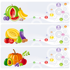 Food and drink icon set for healthy eating. Fruits, vegetables, berries, nuts table shows all necessary vitamins and food that contains them.