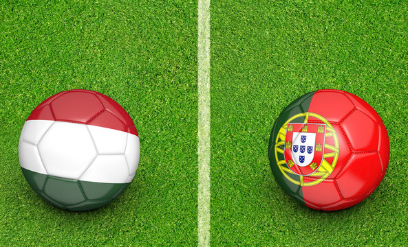 Team balls for Hungary vs Portugal football tournament match, 3D rendering