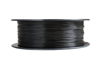 Filament for 3d printing. Black thermoplastic. Isolated on white background. Material produced from polylactic (pla) acid. One reels horizontal view. Macro, cutout. Concept of new technology.