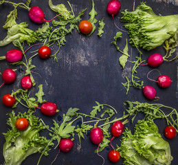 various vegetables and salad ingredients are laid out in the frame, place for text